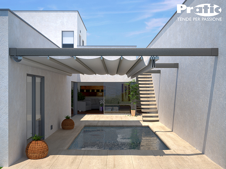 A pergola extended between two walls over a pool
